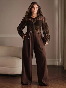 Anewsta Fall New Premium Chenille Lace & Leather Patchwork Brown Shirt Blouse , Luxury Lapel Collar Plus Size Long Sleeve Top Halloween Date Night - Brown - View 5