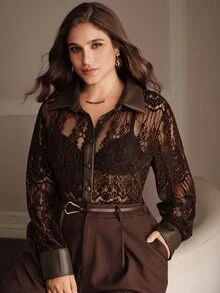 Anewsta Fall New Premium Chenille Lace & Leather Patchwork Brown Shirt Blouse , Luxury Lapel Collar Plus Size Long Sleeve Top Halloween Date Night - Brown - View 3