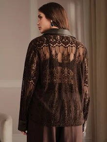 Anewsta Fall New Premium Chenille Lace & Leather Patchwork Brown Shirt Blouse , Luxury Lapel Collar Plus Size Long Sleeve Top Halloween Date Night - Brown - View 7