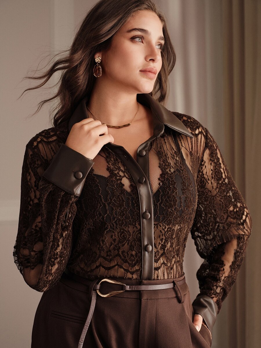 Anewsta Fall New Premium Chenille Lace & Leather Patchwork Brown Shirt Blouse , Luxury Lapel Collar Plus Size Long Sleeve Top Halloween Date Night - Brown - View 1