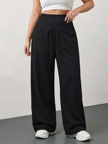 SHEIN Tall CURVE Plus Size Solid Drawstring High Waist Wide Leg Pants Homewear Vacation Gym Black Autumn Casual Soft Fall - Black - View 5