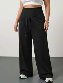 SHEIN Tall CURVE Plus Size Solid Drawstring High Waist Wide Leg Pants Homewear Vacation Gym Black Autumn Casual Soft Fall - Black - View 6
