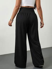 SHEIN Tall CURVE Plus Size Solid Drawstring High Waist Wide Leg Pants Homewear Vacation Gym Black Autumn Casual Soft Fall - Black - View 3