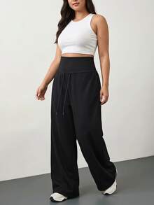 SHEIN Tall CURVE Plus Size Solid Drawstring High Waist Wide Leg Pants Homewear Vacation Gym Black Autumn Casual Soft Fall - Black - View 4