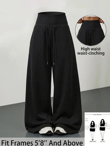 SHEIN Tall CURVE Plus Size Solid Drawstring High Waist Wide Leg Pants Homewear Vacation Gym Black Autumn Casual Soft Fall - Black - View 2