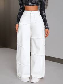 Jeanoix Plus Size Fashion Versatile Button Pocket Frayed Hem Loose Fit Denim Jeans - White - View 5