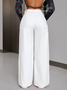 Jeanoix Plus Size Fashion Versatile Button Pocket Frayed Hem Loose Fit Denim Jeans - White - View 2