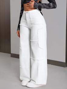Jeanoix Plus Size Fashion Versatile Button Pocket Frayed Hem Loose Fit Denim Jeans - White - View 1