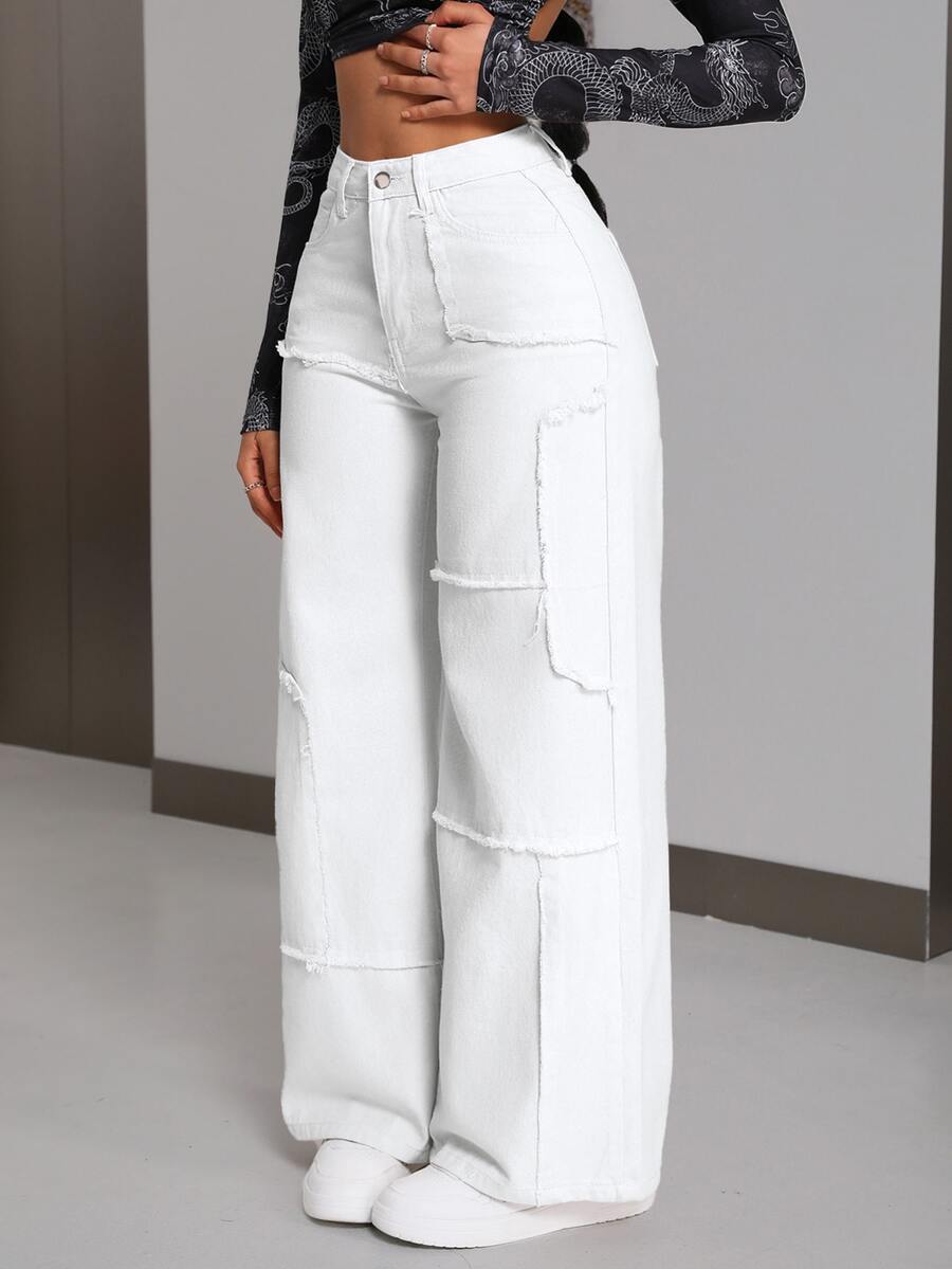 Jeanoix Plus Size Fashion Versatile Button Pocket Frayed Hem Loose Fit Denim Jeans - White - View 1