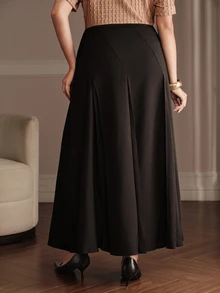 Anewsta Autumn/Winter New Plus Size Women's Pure Black High Waist Pleated Midi Skirt, Suitable For Work And Casual Occasions - Black - View 7