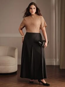 Anewsta Autumn/Winter New Plus Size Women's Pure Black High Waist Pleated Midi Skirt, Suitable For Work And Casual Occasions - Black - View 6