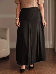 Anewsta Autumn/Winter New Plus Size Women's Pure Black High Waist Pleated Midi Skirt, Suitable For Work And Casual Occasions - Black - View 1
