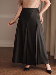 Anewsta Autumn/Winter New Plus Size Women's Pure Black High Waist Pleated Midi Skirt, Suitable For Work And Casual Occasions - Black - View 5