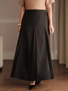 Anewsta Autumn/Winter New Plus Size Women's Pure Black High Waist Pleated Midi Skirt, Suitable For Work And Casual Occasions - Black - View 3