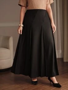Anewsta Autumn/Winter New Plus Size Women's Pure Black High Waist Pleated Midi Skirt, Suitable For Work And Casual Occasions - Black - View 4