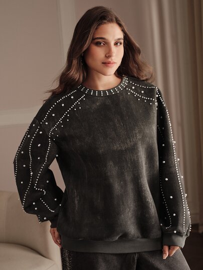 Anewsta Women's Modern Beaded Round Neck Pullover Sweatshirt