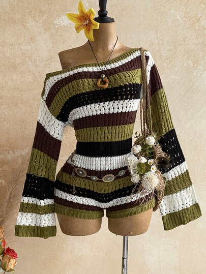 Soleia Women's Casual Vacation Vintage Striped Crochet Asymmetrical Shoulder Tassel Sweater Dress, Casual, Dating, Afternoon Tea, Beach, Cruise Vacation, Road Trip, City Vacation, Music Festival, Party, Bohemian, Island Vacation, Hippie, Western, Daily Commute