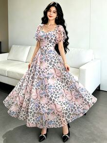 Modelyn 玫瑰與豹紋印花女款法式風格洋裝，時尚方領百褶飄逸袖設計，夏季收腰長版度假風洋裝，適合夏季度假與日常穿著 - 彩色 - 查看 6