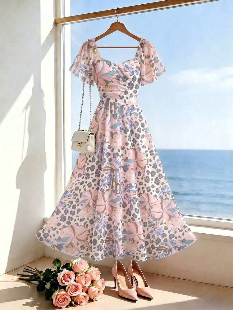 Modelyn Rose And Leopard Print Women's French Style Dress, Fashion Square Neck Pleated Flutter Sleeve Design, Summer Waist-Cinching Long Vacation Style Dress, Suitable For Summer Holidays And Daily Wear - Multicolor - View 3