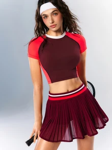 VARSIVA Women's Round Neck Colorblock Cropped T-Shirt And Pocket Pleated Skort Sporty Set - Multicolor - View 10