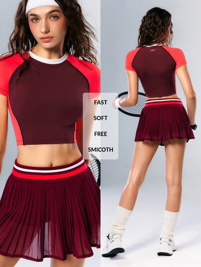 VARSIVA Women's Round Neck Colorblock Cropped T-Shirt And Pocket Pleated Skort Sporty Set