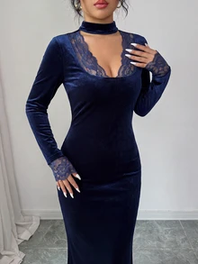 Modelyn French Design V-Neck Lace Patchwork Slim Fit Long Dress For Women - Navy Blue - View 5