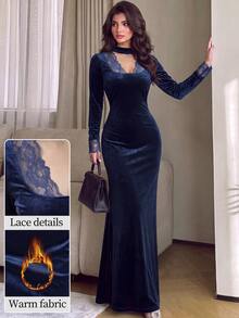 Modelyn French Design V-Neck Lace Patchwork Slim Fit Long Dress For Women - Navy Blue - View 2