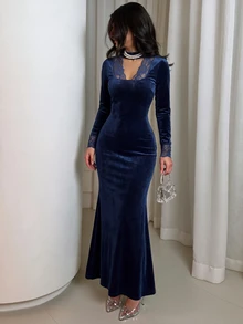 Modelyn French Design V-Neck Lace Patchwork Slim Fit Long Dress For Women - Navy Blue - View 6