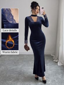 Modelyn French Design V-Neck Lace Patchwork Slim Fit Long Dress For Women - Navy Blue - View 8