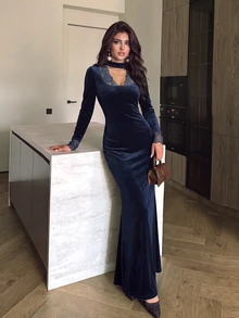 Modelyn French Design V-Neck Lace Patchwork Slim Fit Long Dress For Women - Navy Blue - View 7