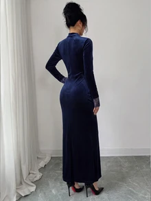 Modelyn French Design V-Neck Lace Patchwork Slim Fit Long Dress For Women - Navy Blue - View 3