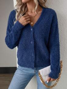 SHEIN Women's Solid Color Casual Versatile Daily Wear Cardigan - Blue - View 5