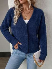 SHEIN Women's Solid Color Casual Versatile Daily Wear Cardigan - Blue - View 4
