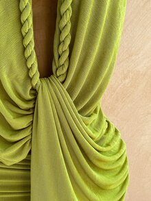 Soleia Vestido mini de verano para mujer de talla grande, unicolor, con pliegues y espalda descubierta - Verde - Ver 7