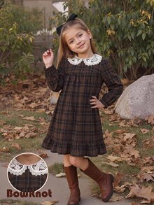 Emery Rose Kids Emery Rose Kids 女童少女秋冬刺繡領編織格紋拼接洋裝 寬鬆長袖復古休閒棕色 - 棕色 - 查看 8