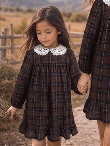 Emery Rose Kids Emery Rose Kids 女童少女秋冬刺繡領編織格紋拼接洋裝 寬鬆長袖復古休閒棕色 - 棕色 - 查看 9