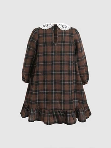 Emery Rose Kids Emery Rose Kids 女童少女秋冬刺繡領編織格紋拼接洋裝 寬鬆長袖復古休閒棕色 - 棕色 - 查看 4