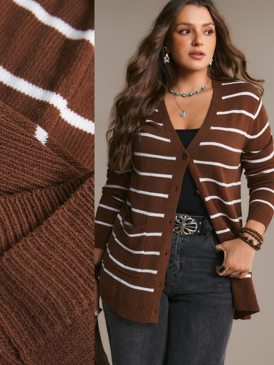 Freevana Plus Size V-Neck Long Sleeve Vintage Casual Traditional Striped Knit Cardigan Office Formal Brown Autumn - Brown - View 1