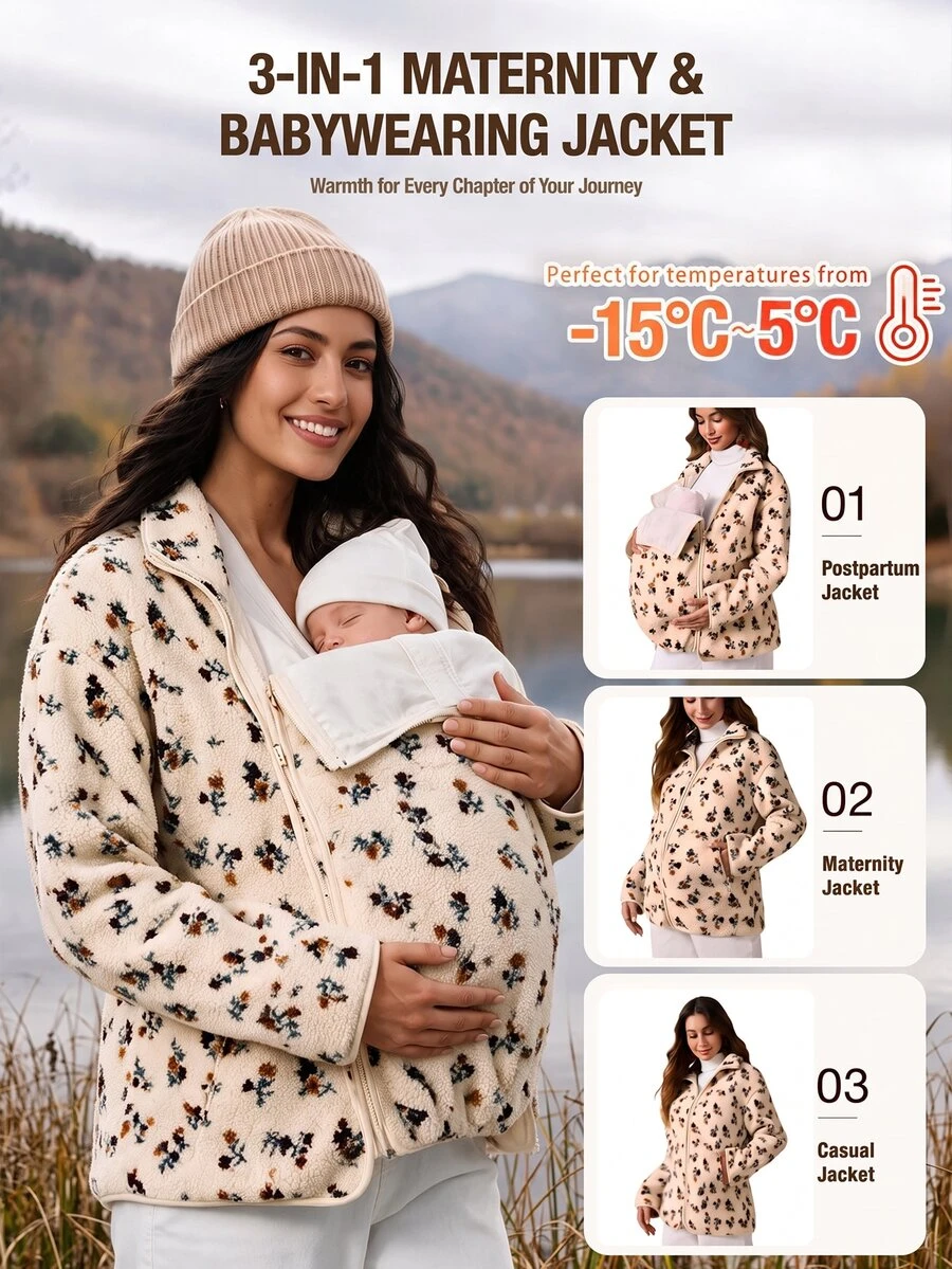 Boho Mama Maternity Ditsy Floral Zipper Front Casual 3-In-1 Jacket - Multicolor - View 1