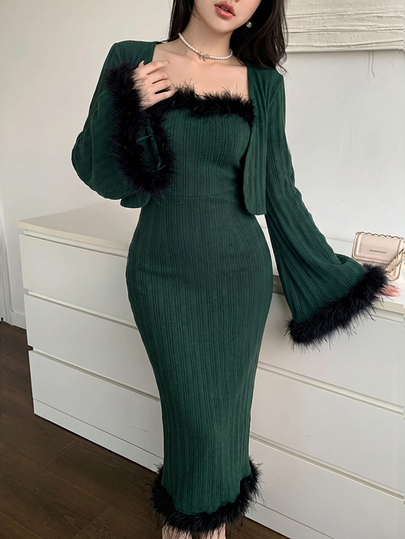 Modelyn Women's Autumn/Winter Vintage Elegant Dark Green Plush Tassel Trim Bandeau Maxi Dress With Cropped Cardigan 2 Pieces Set, Slim Fit, Party Dinner