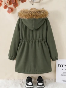 SHEIN 女童純色抓絨內裡休閒夾克外套 秋冬女童服飾 - 軍綠色 - 查看 3