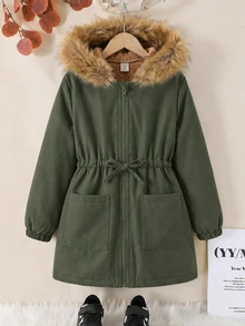SHEIN 女童純色抓絨內裡休閒夾克外套 秋冬女童服飾 - 軍綠色 - 查看 5