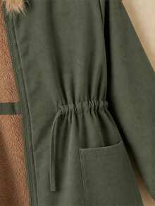 SHEIN 女童純色抓絨內裡休閒夾克外套 秋冬女童服飾 - 軍綠色 - 查看 6