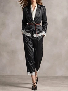 Trelyra 2 Pieces Set Glossy Satin Lace Contrast Color Design Long Sleeve Jacket And Pants Casual Commute,Autumn/Winter,Back To School, Party Outfit,Dinner - Black - View 1
