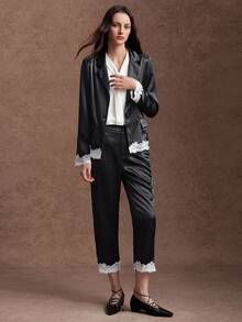Trelyra 2 Pieces Set Glossy Satin Lace Contrast Color Design Long Sleeve Jacket And Pants Casual Commute,Autumn/Winter,Back To School, Party Outfit,Dinner - Black - View 10