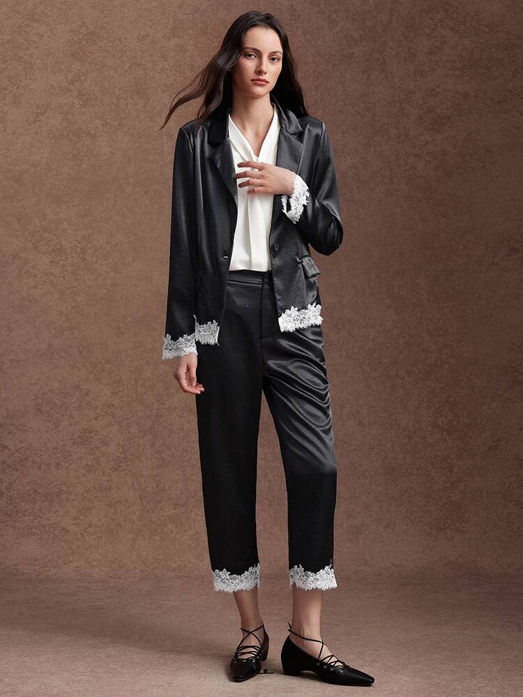 Trelyra 2 Pieces Set Glossy Satin Lace Contrast Color Design Long Sleeve Jacket And Pants Casual Commute,Autumn/Winter,Back To School, Party Outfit,Dinner - Black - View 10