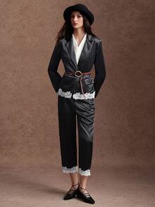Trelyra 2 Pieces Set Glossy Satin Lace Contrast Color Design Long Sleeve Jacket And Pants Casual Commute,Autumn/Winter,Back To School, Party Outfit,Dinner - Black - View 11