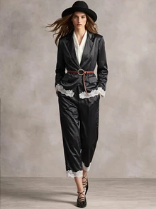 Trelyra 2 Pieces Set Glossy Satin Lace Contrast Color Design Long Sleeve Jacket And Pants Casual Commute,Autumn/Winter,Back To School, Party Outfit,Dinner - Black - View 12