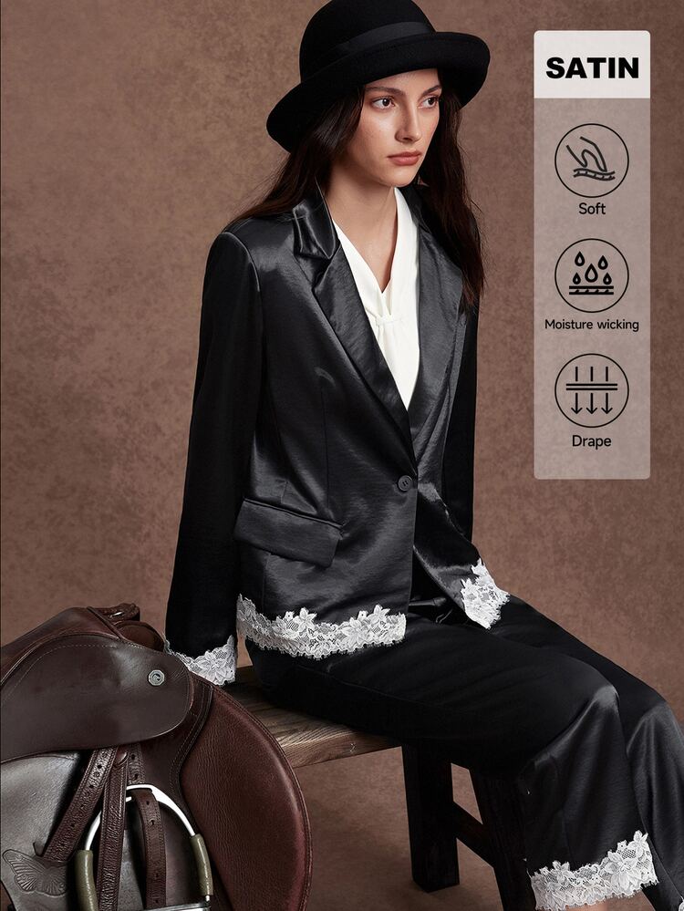 Trelyra 2 Pieces Set Glossy Satin Lace Contrast Color Design Long Sleeve Jacket And Pants Casual Commute,Autumn/Winter,Back To School, Party Outfit,Dinner - Black - View 5