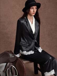 Trelyra 2 Pieces Set Glossy Satin Lace Contrast Color Design Long Sleeve Jacket And Pants Casual Commute,Autumn/Winter,Back To School, Party Outfit,Dinner - Black - View 9